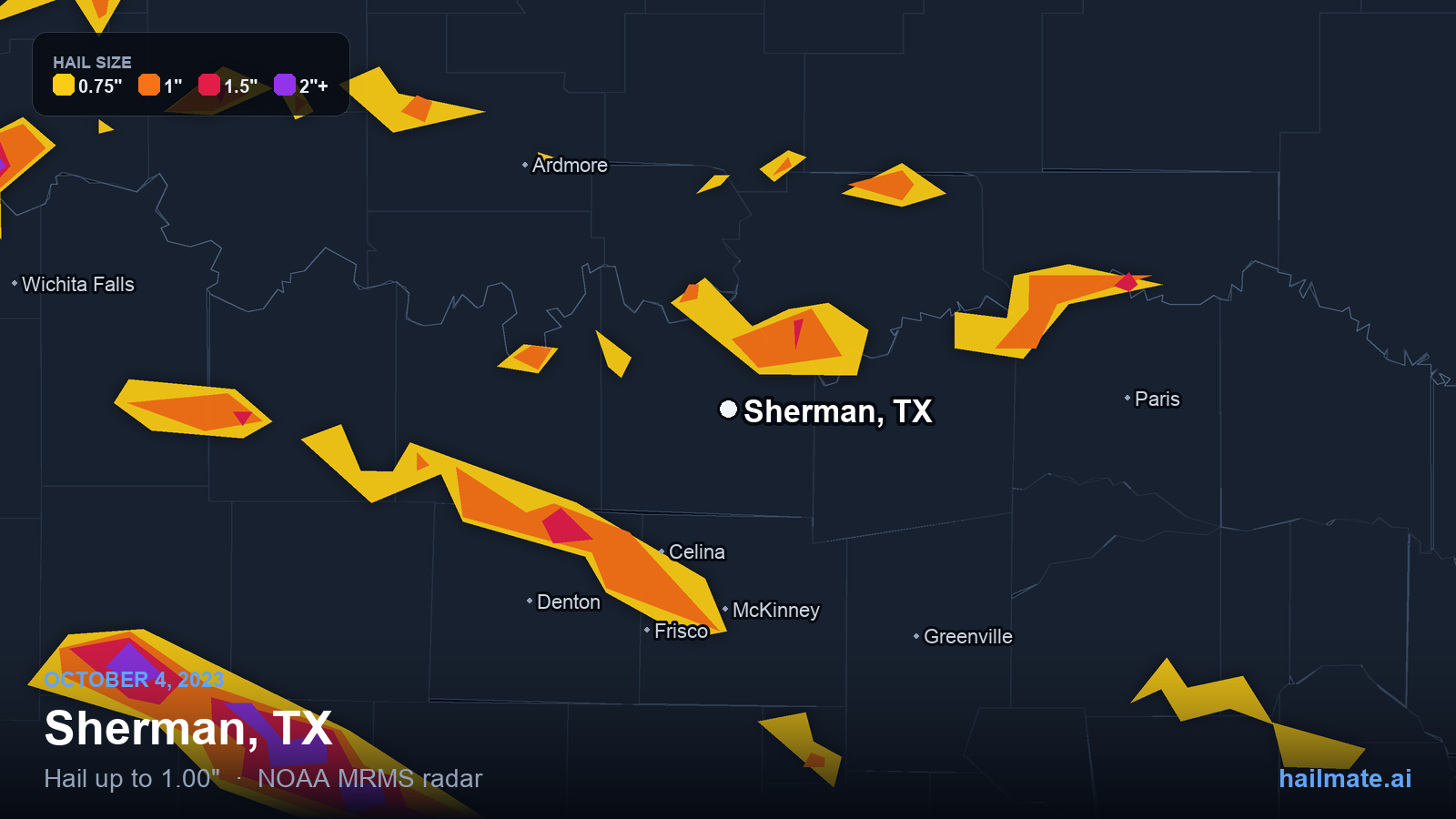 Hail swath map for Sherman, TX on October 4, 2023 showing 1.00 inch hail.