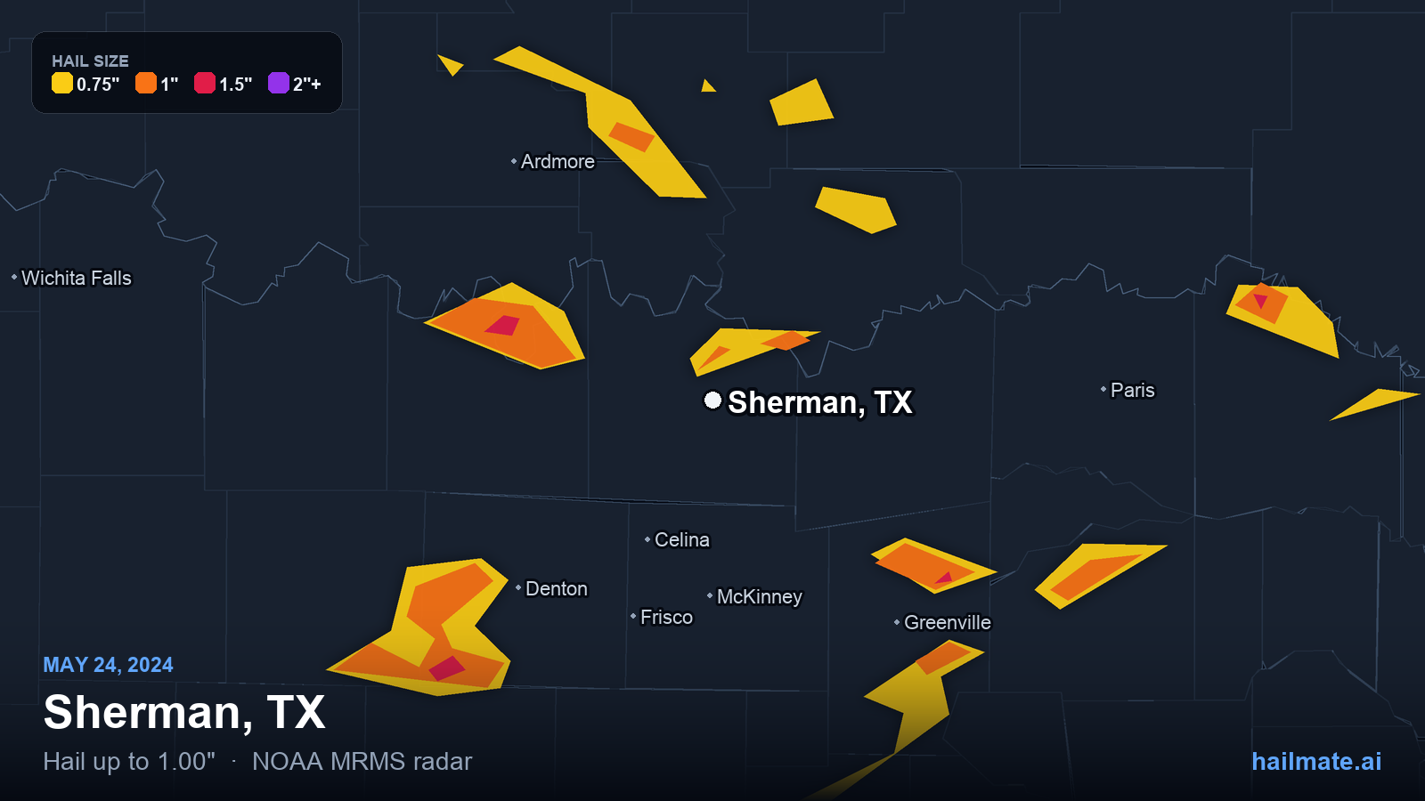 Hail swath map for Sherman, TX on May 24, 2024 showing 1.00 inch hail.