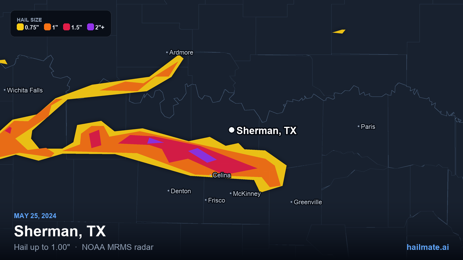 Hail swath map for Sherman, TX on May 25, 2024 showing 1.00 inch hail.