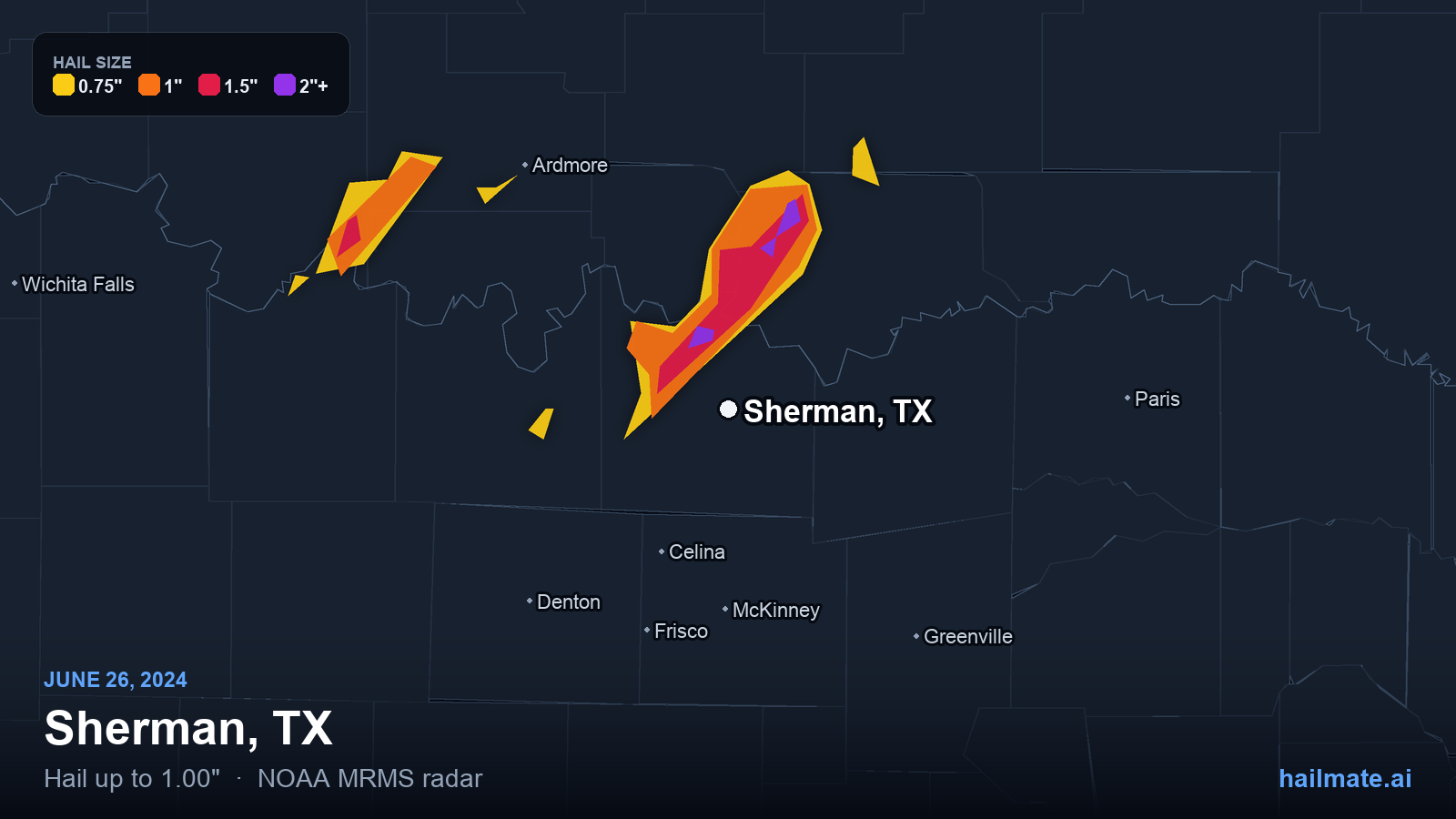 Hail swath map for Sherman, TX on June 26, 2024 showing 1.00 inch hail.