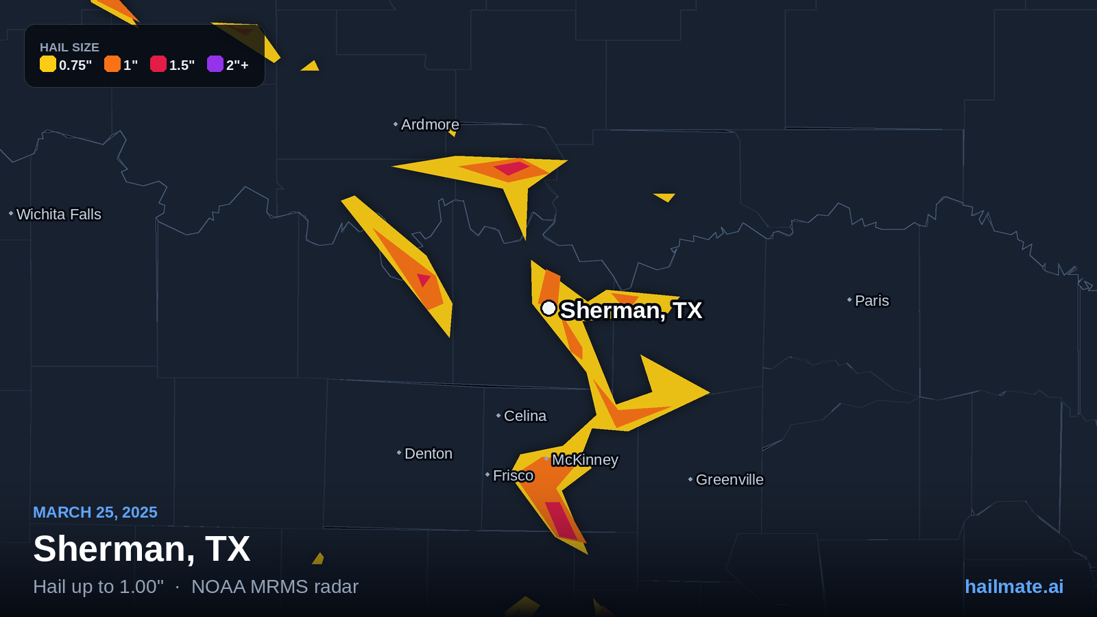 Hail swath map for Sherman, TX on March 25, 2025 showing 1.00 inch hail.