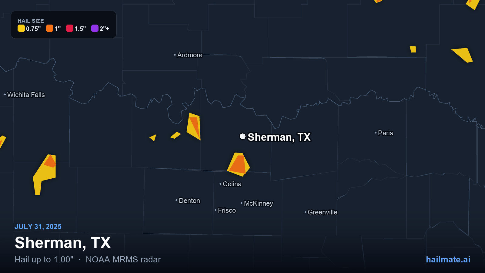 Hail swath map for Sherman, TX on July 31, 2025 showing 1.00 inch hail.
