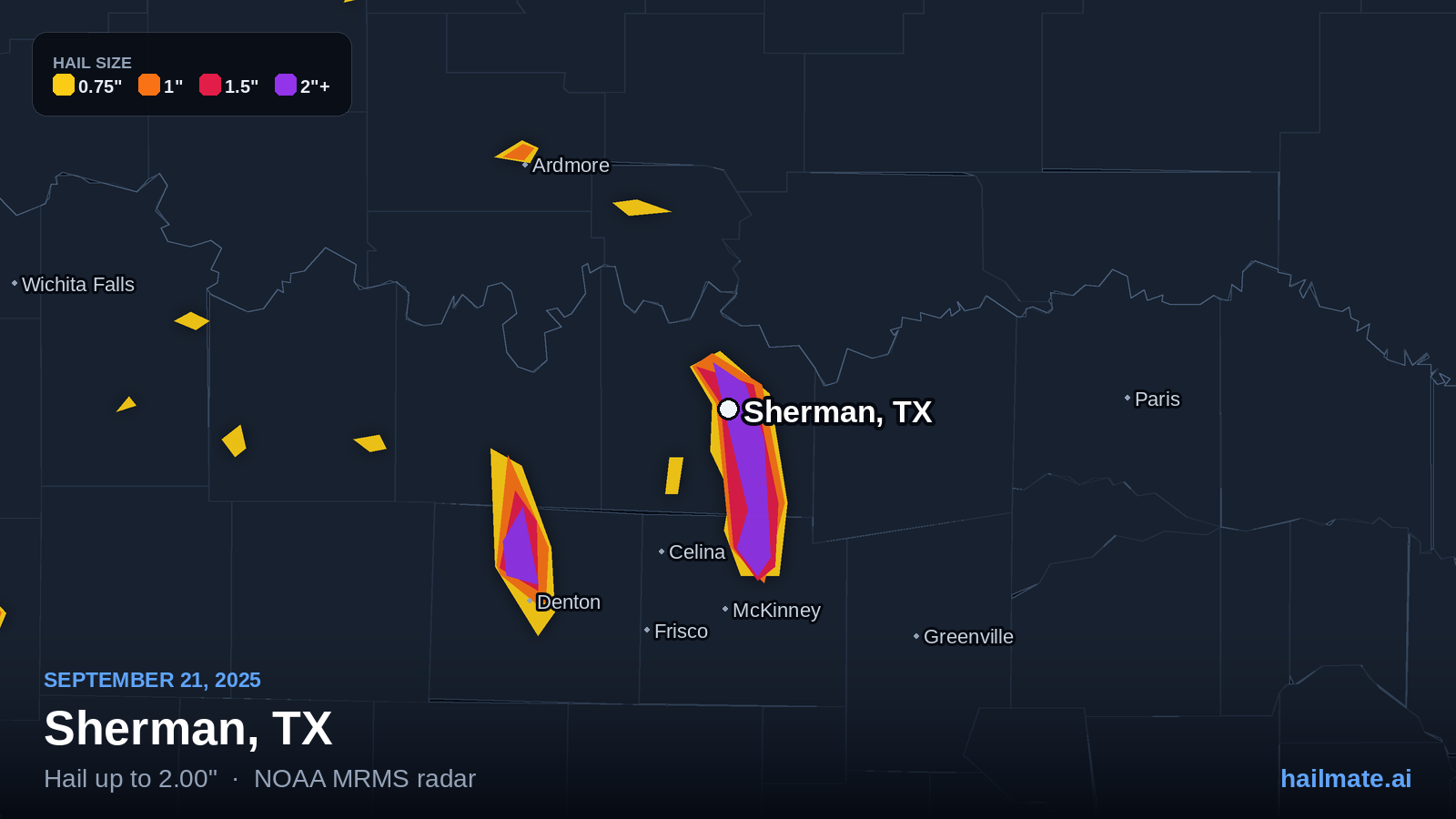 Hail swath map for Sherman, TX on September 21, 2025 showing 2.00 inch hail.