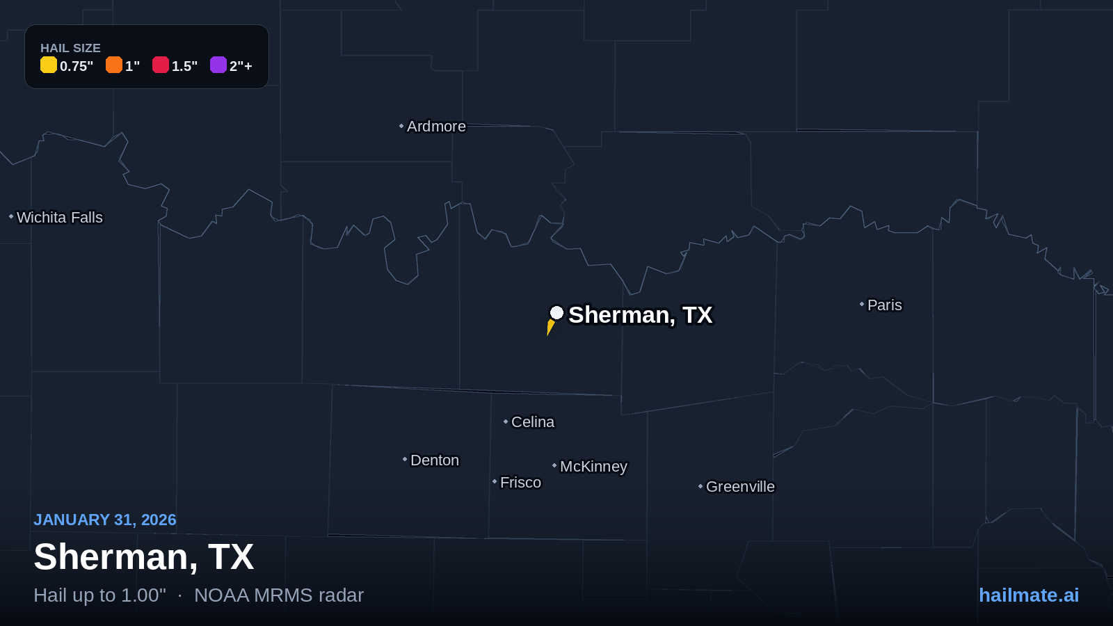 Hail swath map for Sherman, TX on January 31, 2026 showing 1.00 inch hail.