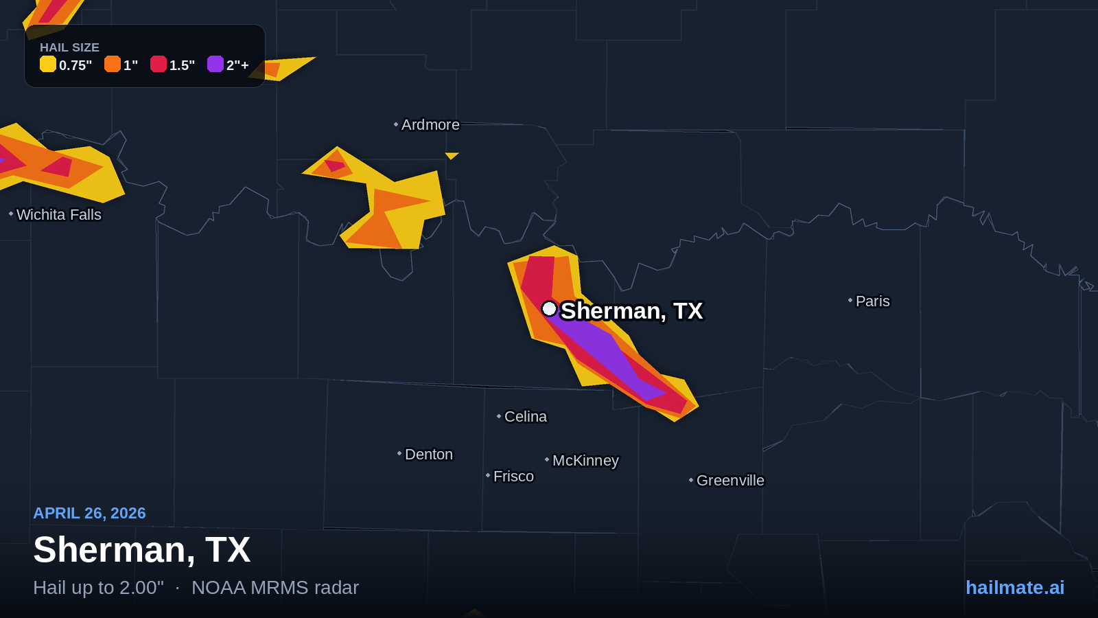 Hail swath map for Sherman, TX on April 26, 2026 showing 2.00 inch hail.