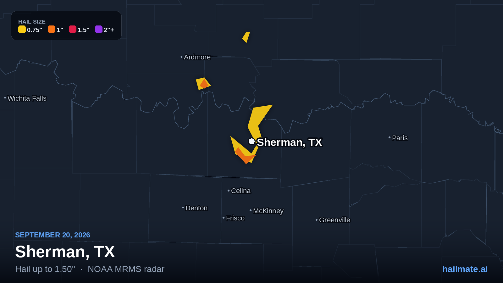 Hail swath map for Sherman, TX on September 20, 2026 showing 1.50 inch hail.