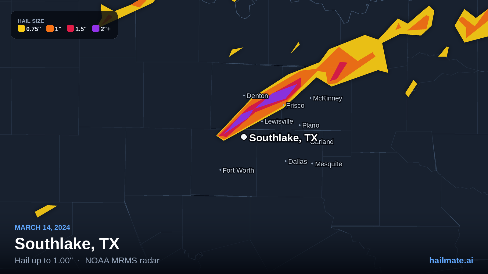Hail swath map for Southlake, TX on March 14, 2024 showing 1.00 inch hail.