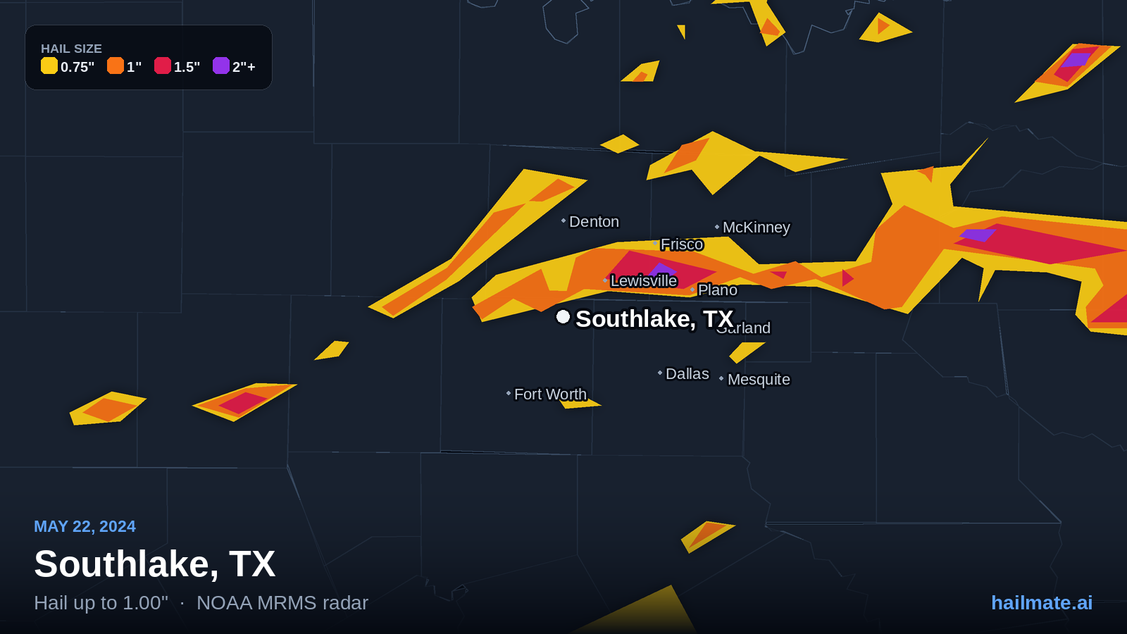 Hail swath map for Southlake, TX on May 22, 2024 showing 1.00 inch hail.