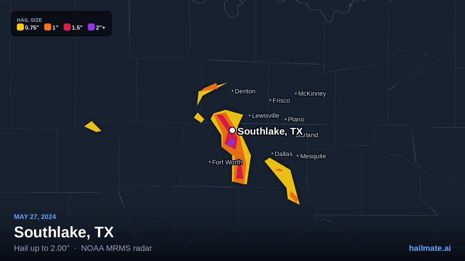 Hail swath map for Southlake, TX on May 27, 2024 showing 2.00 inch hail.