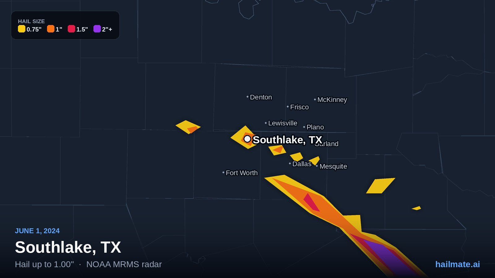 Hail swath map for Southlake, TX on June 1, 2024 showing 1.00 inch hail.