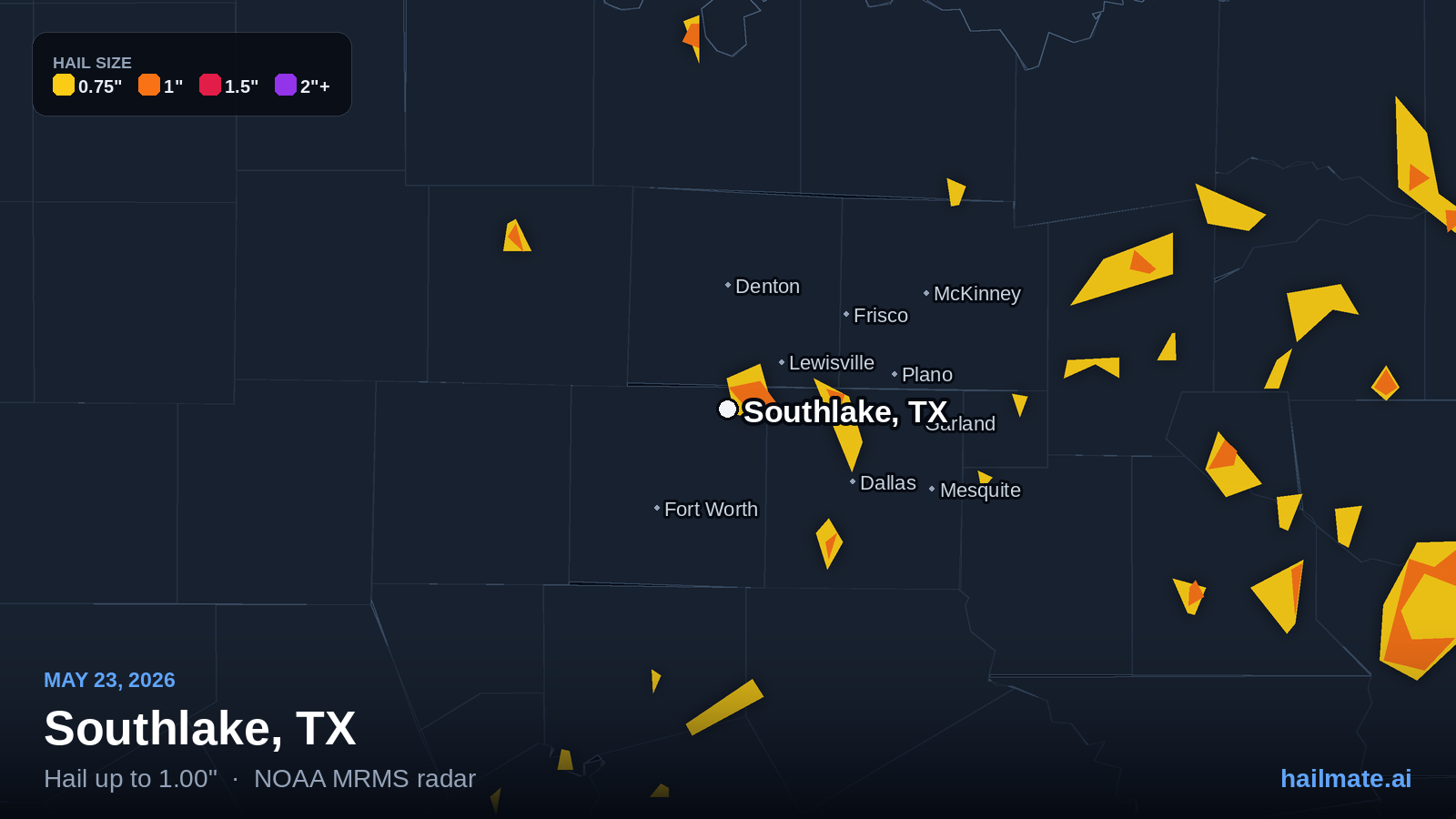 Hail swath map for Southlake, TX on May 23, 2026 showing 1.00 inch hail.