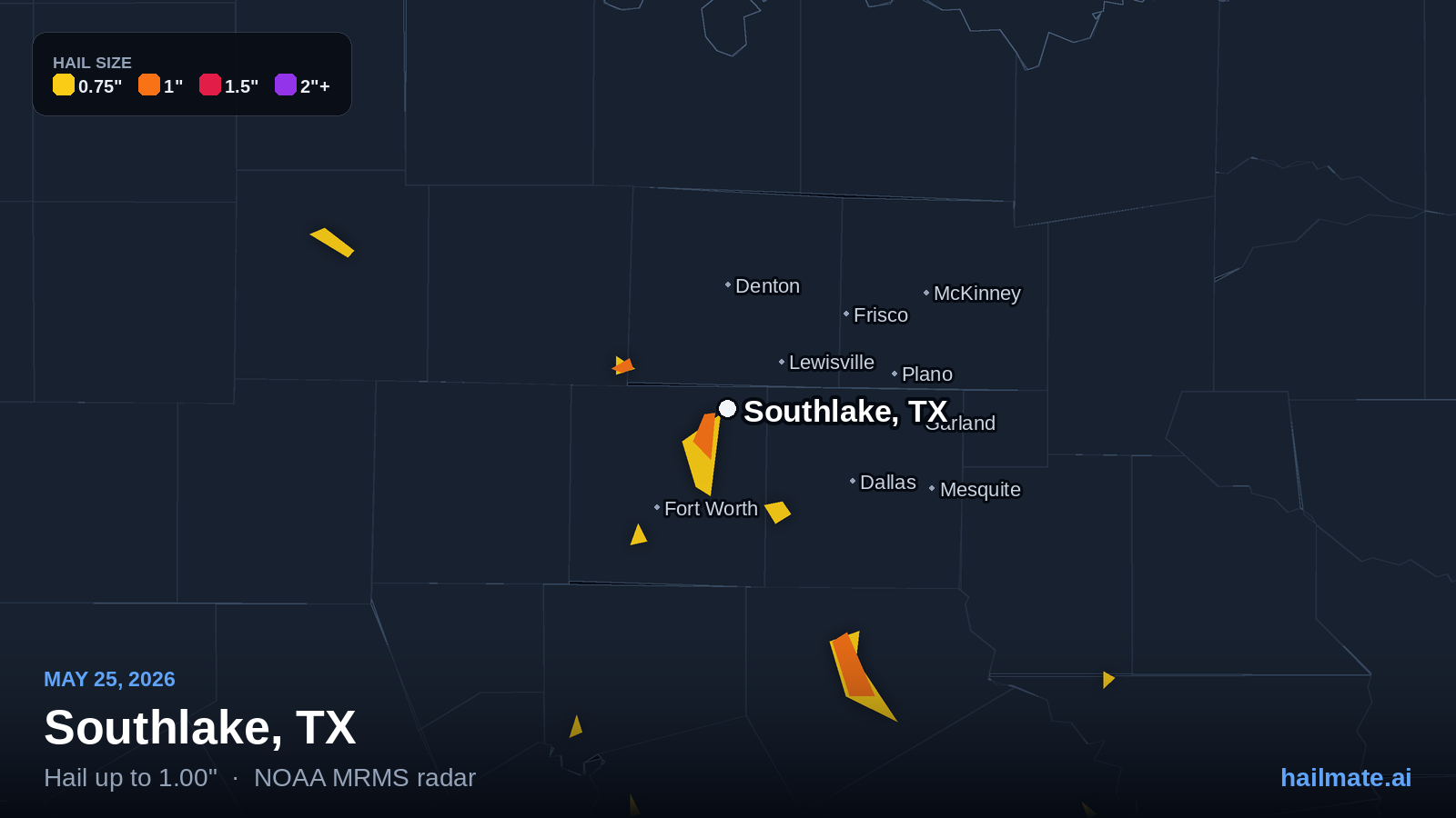 Hail swath map for Southlake, TX on May 25, 2026 showing 1.00 inch hail.