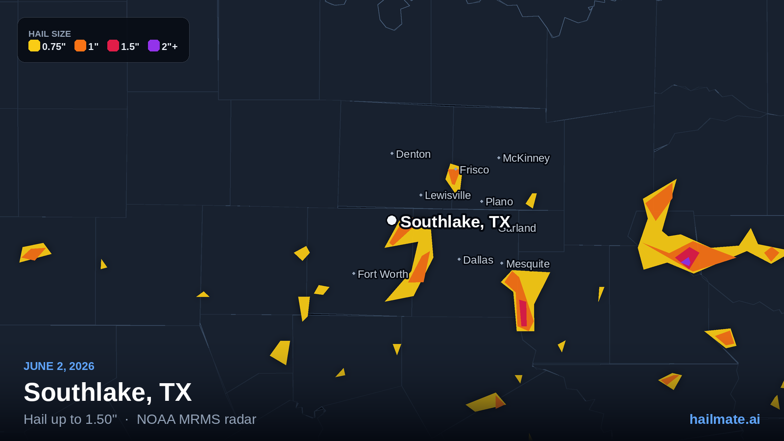 Hail swath map for Southlake, TX on June 2, 2026 showing 1.50 inch hail.