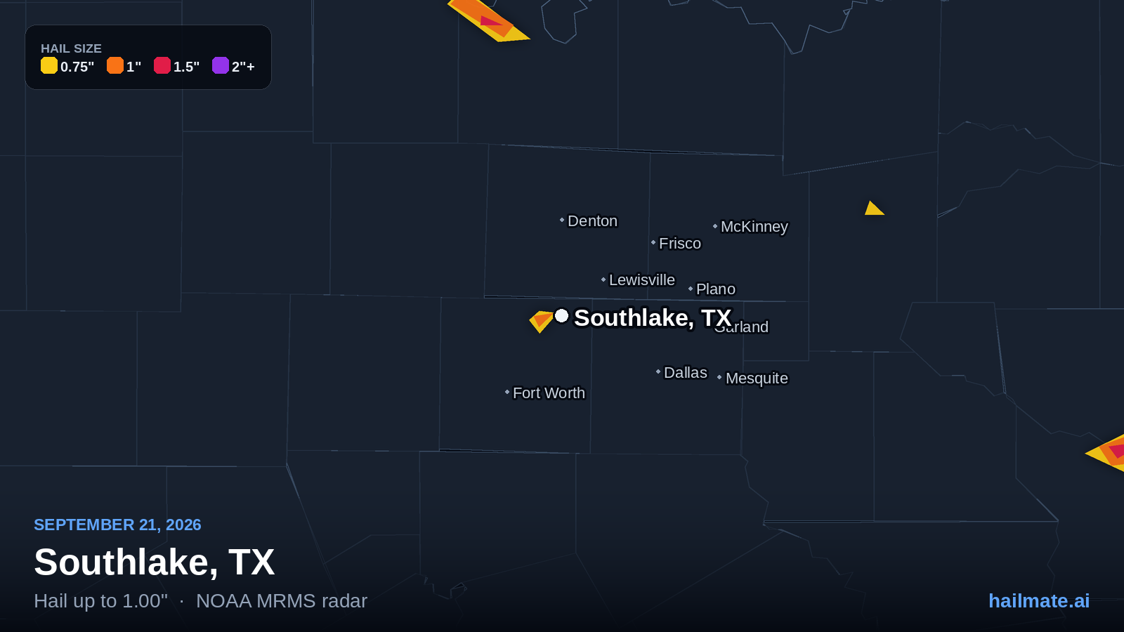 Hail swath map for Southlake, TX on September 21, 2026 showing 1.00 inch hail.