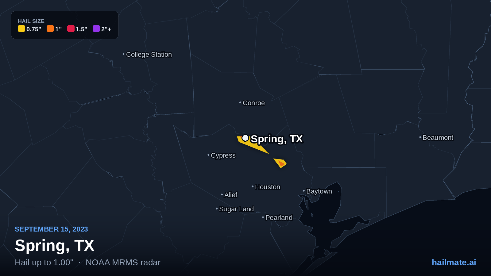 Hail swath map for Spring, TX on September 15, 2023 showing 1.00 inch hail.