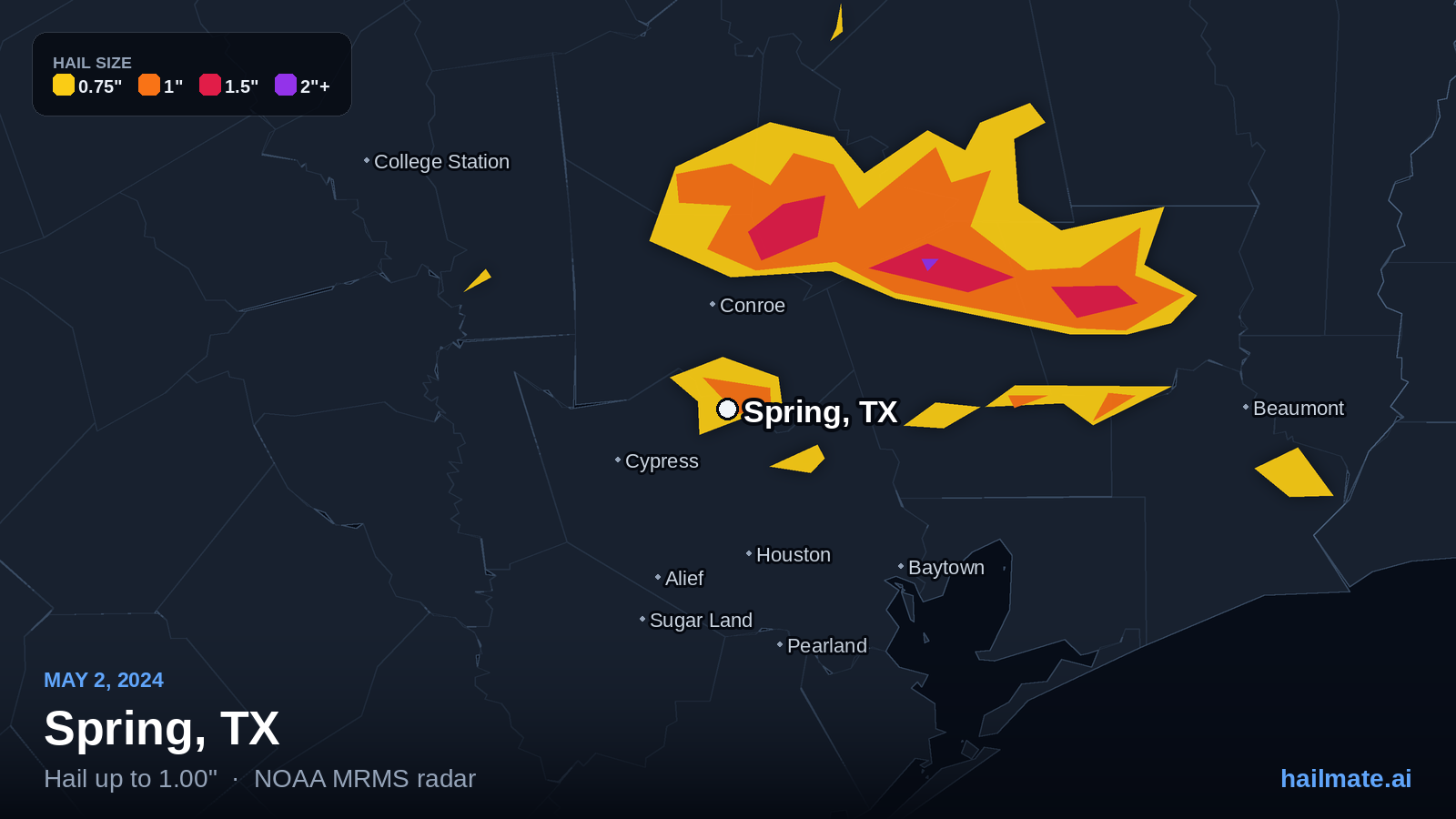 Hail swath map for Spring, TX on May 2, 2024 showing 1.00 inch hail.