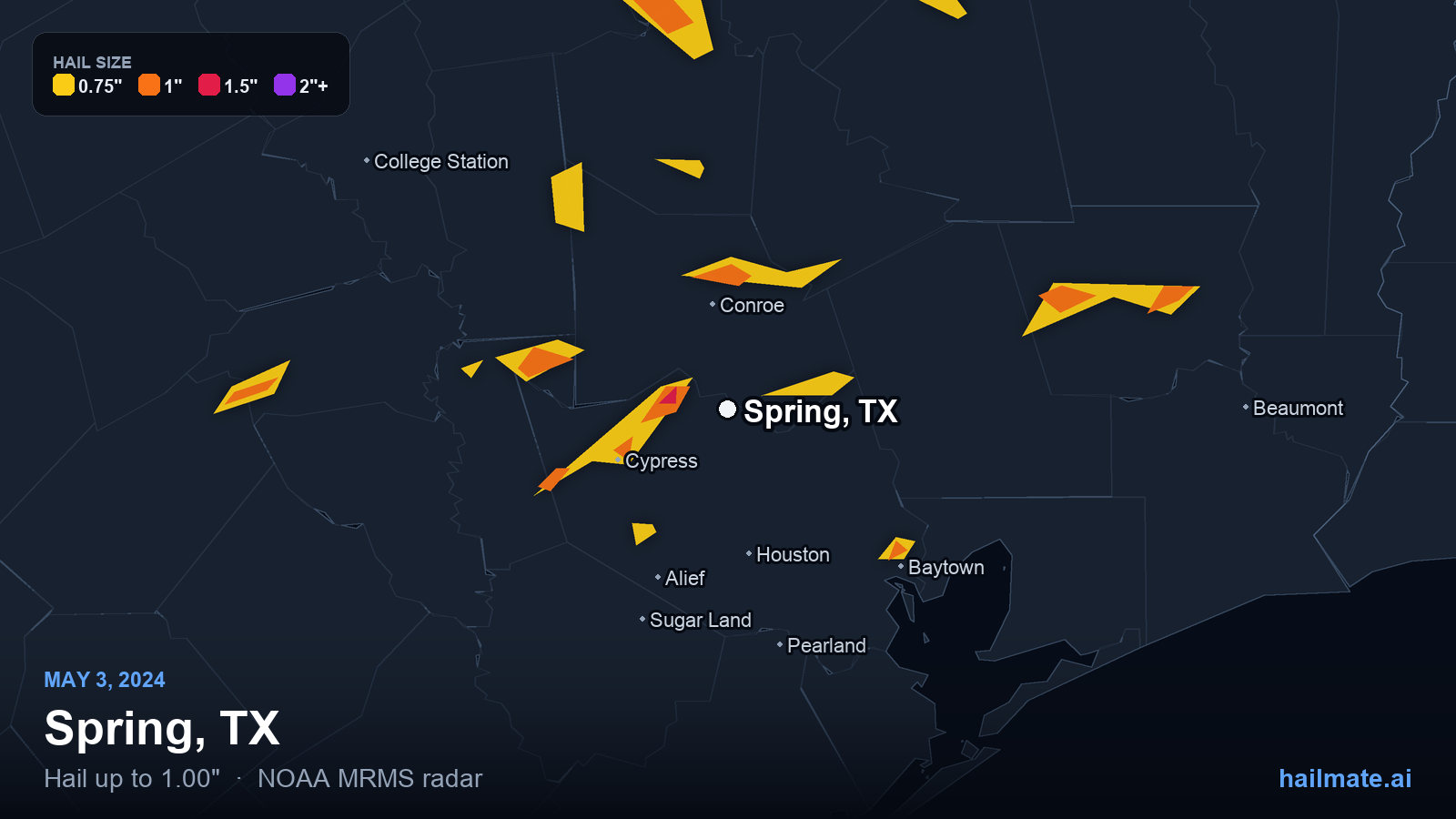 Hail swath map for Spring, TX on May 3, 2024 showing 1.00 inch hail.