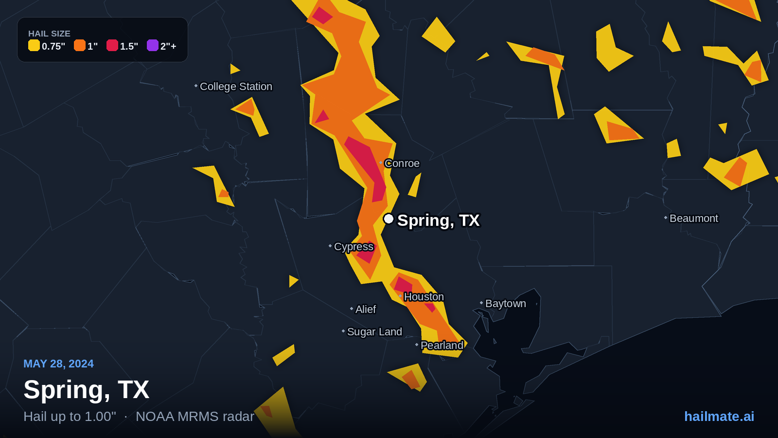 Hail swath map for Spring, TX on May 28, 2024 showing 1.00 inch hail.
