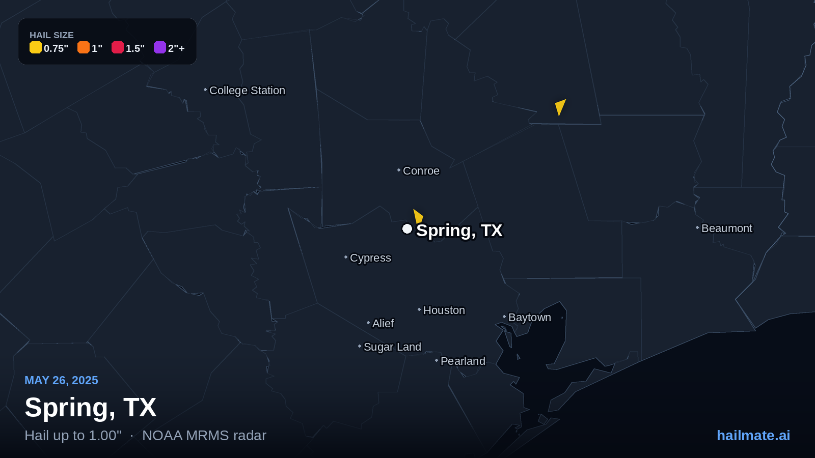 Hail swath map for Spring, TX on May 26, 2025 showing 1.00 inch hail.