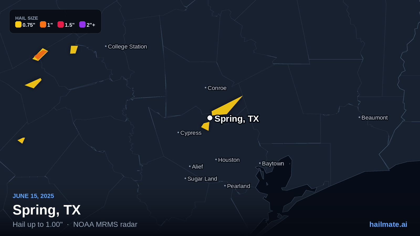 Hail swath map for Spring, TX on June 15, 2025 showing 1.00 inch hail.