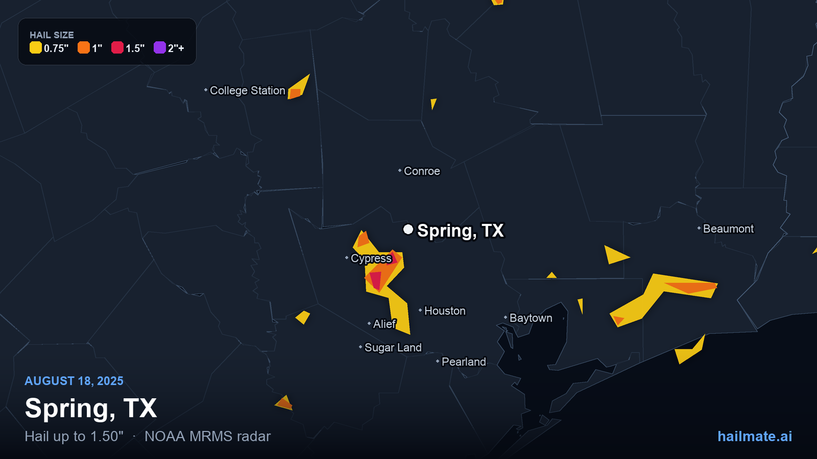 Hail swath map for Spring, TX on August 18, 2025 showing 1.50 inch hail.
