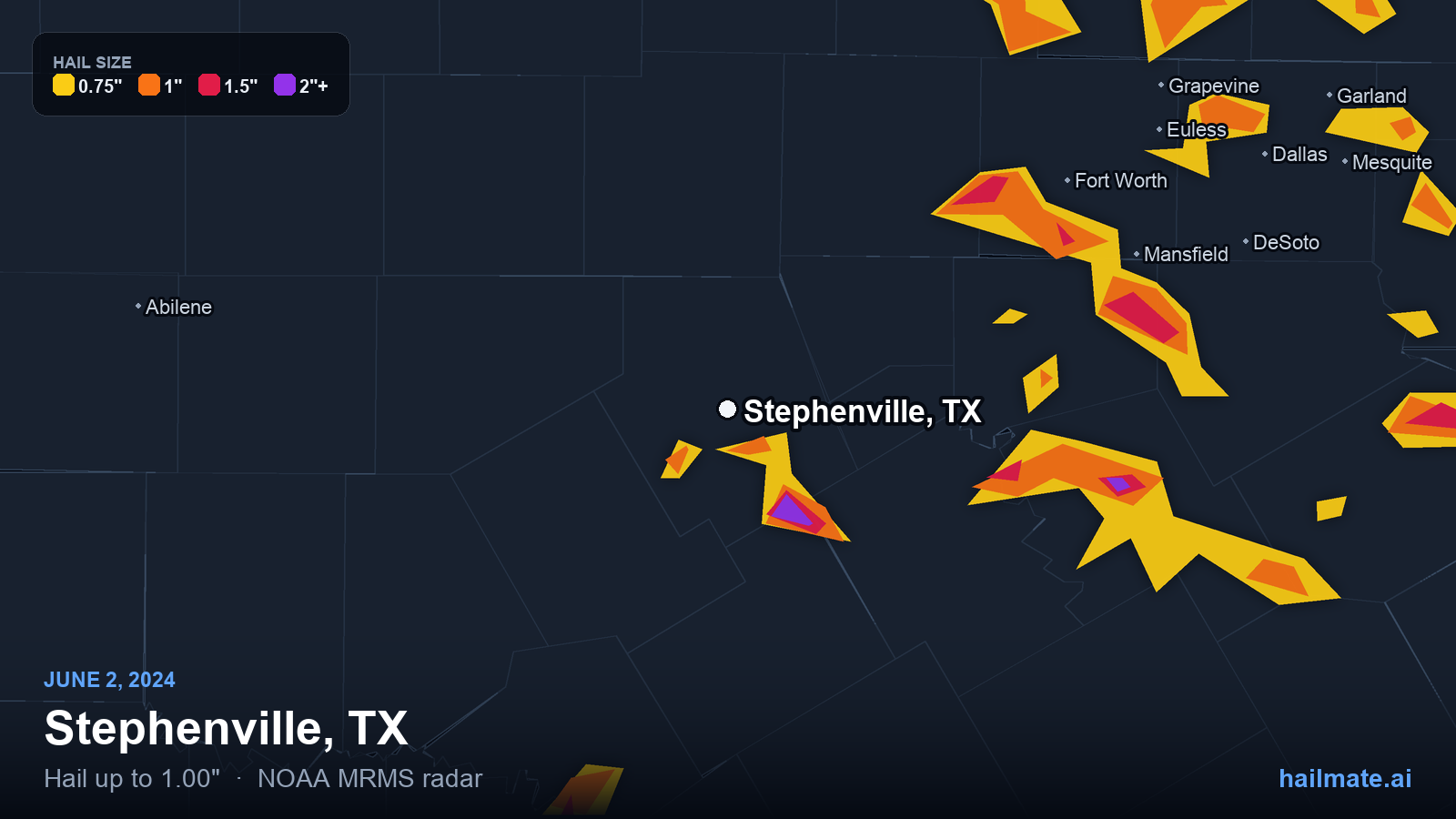 Hail swath map for Stephenville, TX on June 2, 2024 showing 1.00 inch hail.