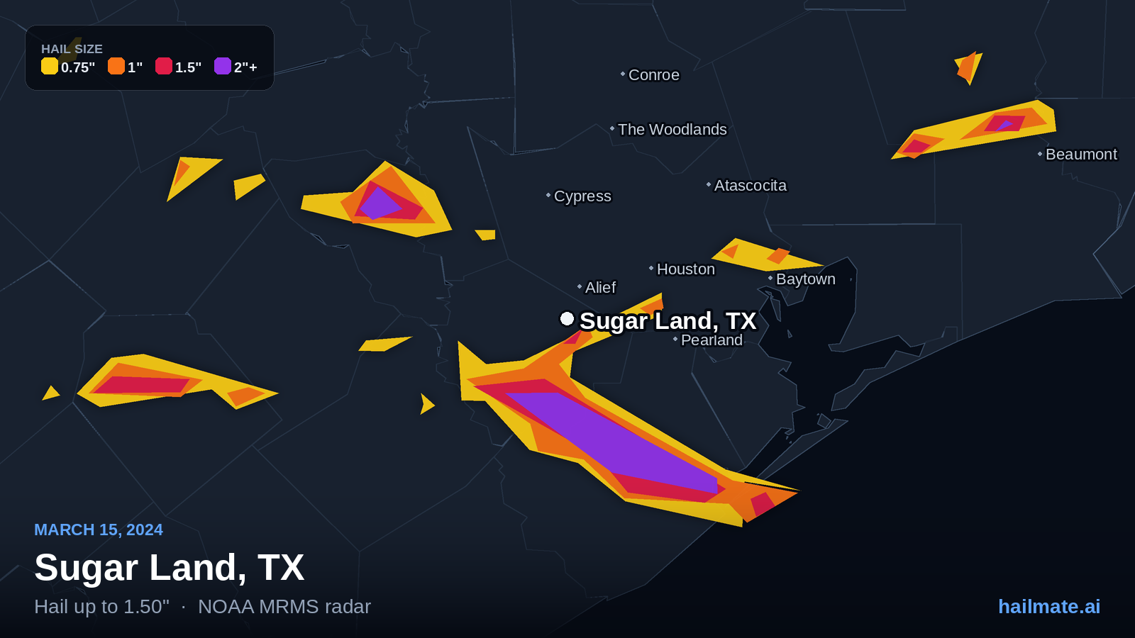 Hail swath map for Sugar Land, TX on March 15, 2024 showing 1.50 inch hail.