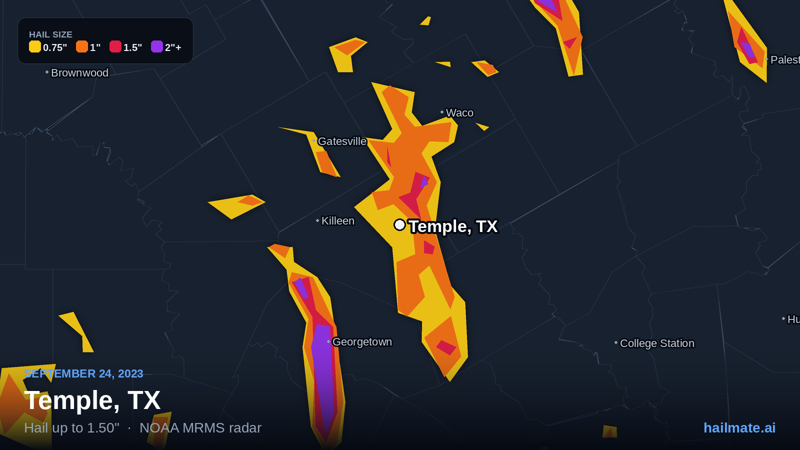 Hail swath map for Temple, TX on September 24, 2023 showing 1.50 inch hail.