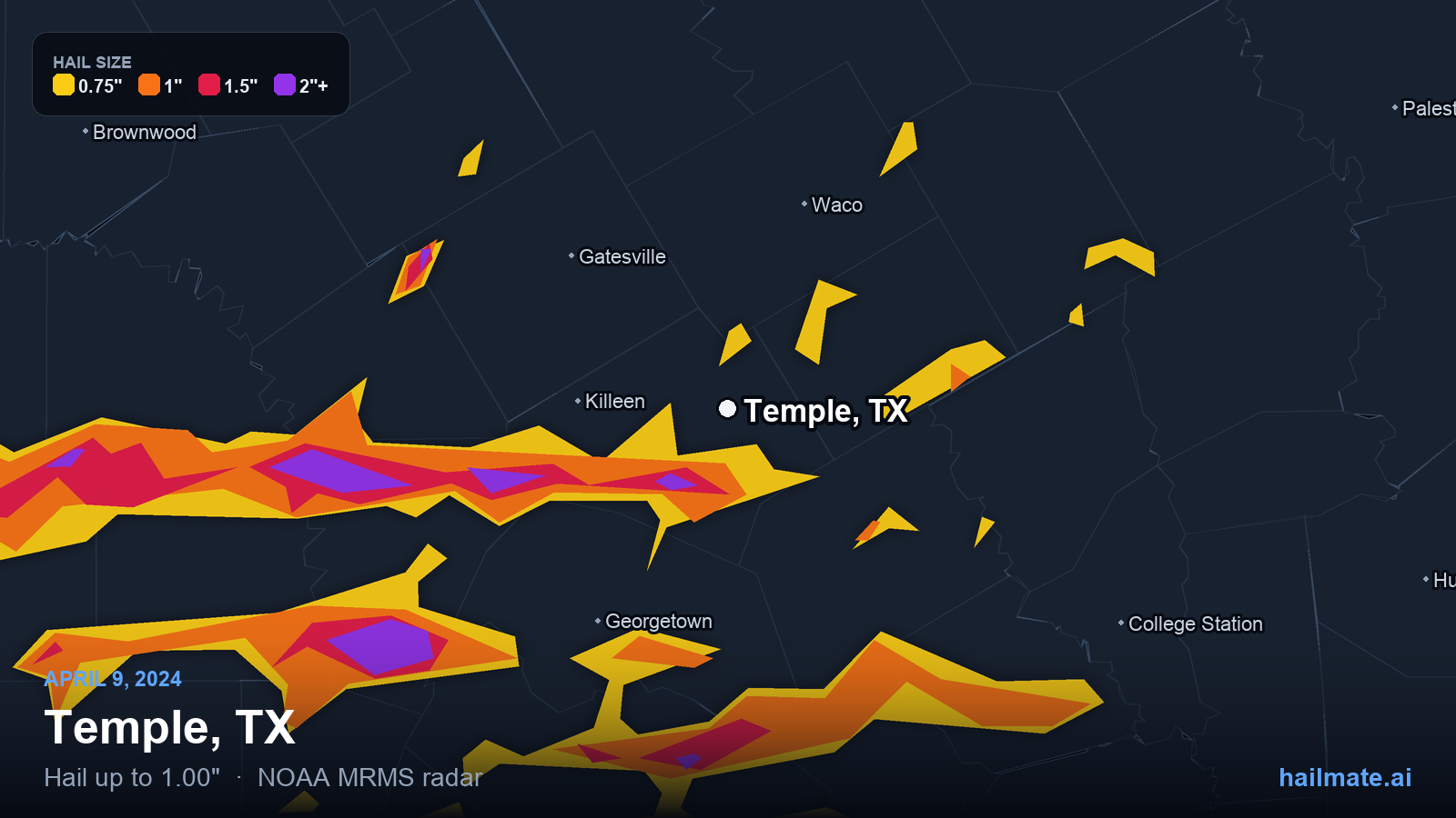 Hail swath map for Temple, TX on April 9, 2024 showing 1.00 inch hail.