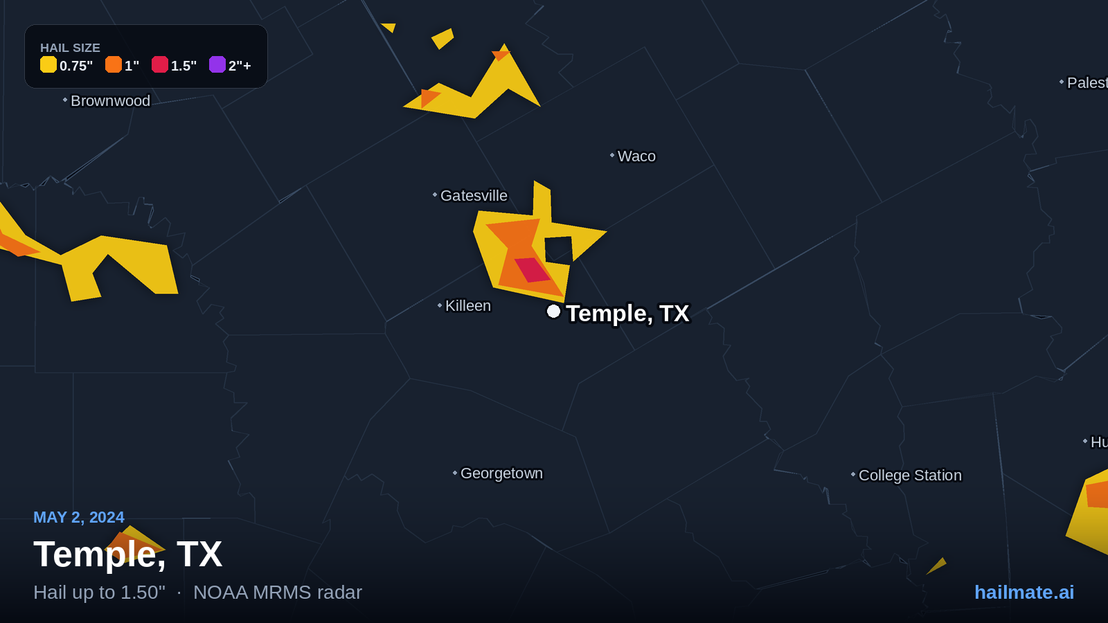 Hail swath map for Temple, TX on May 2, 2024 showing 1.50 inch hail.