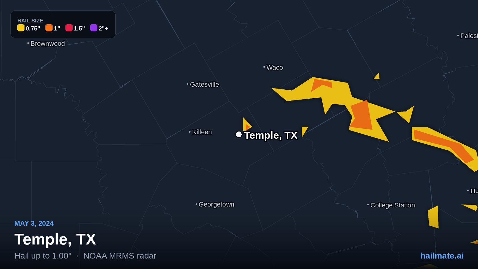 Hail swath map for Temple, TX on May 3, 2024 showing 1.00 inch hail.