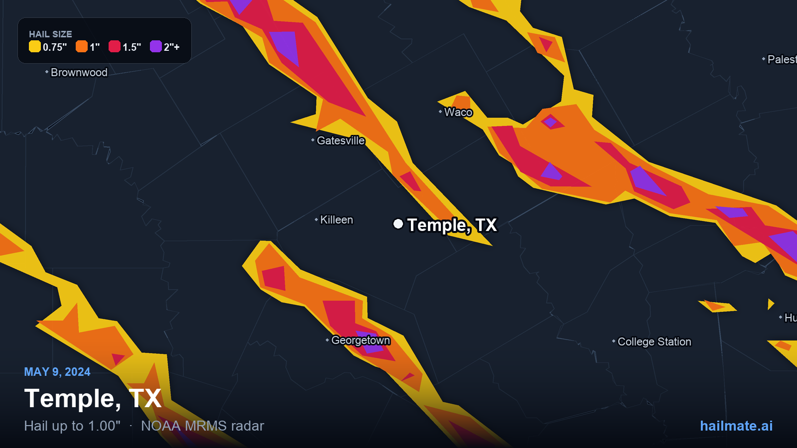 Hail swath map for Temple, TX on May 9, 2024 showing 1.00 inch hail.