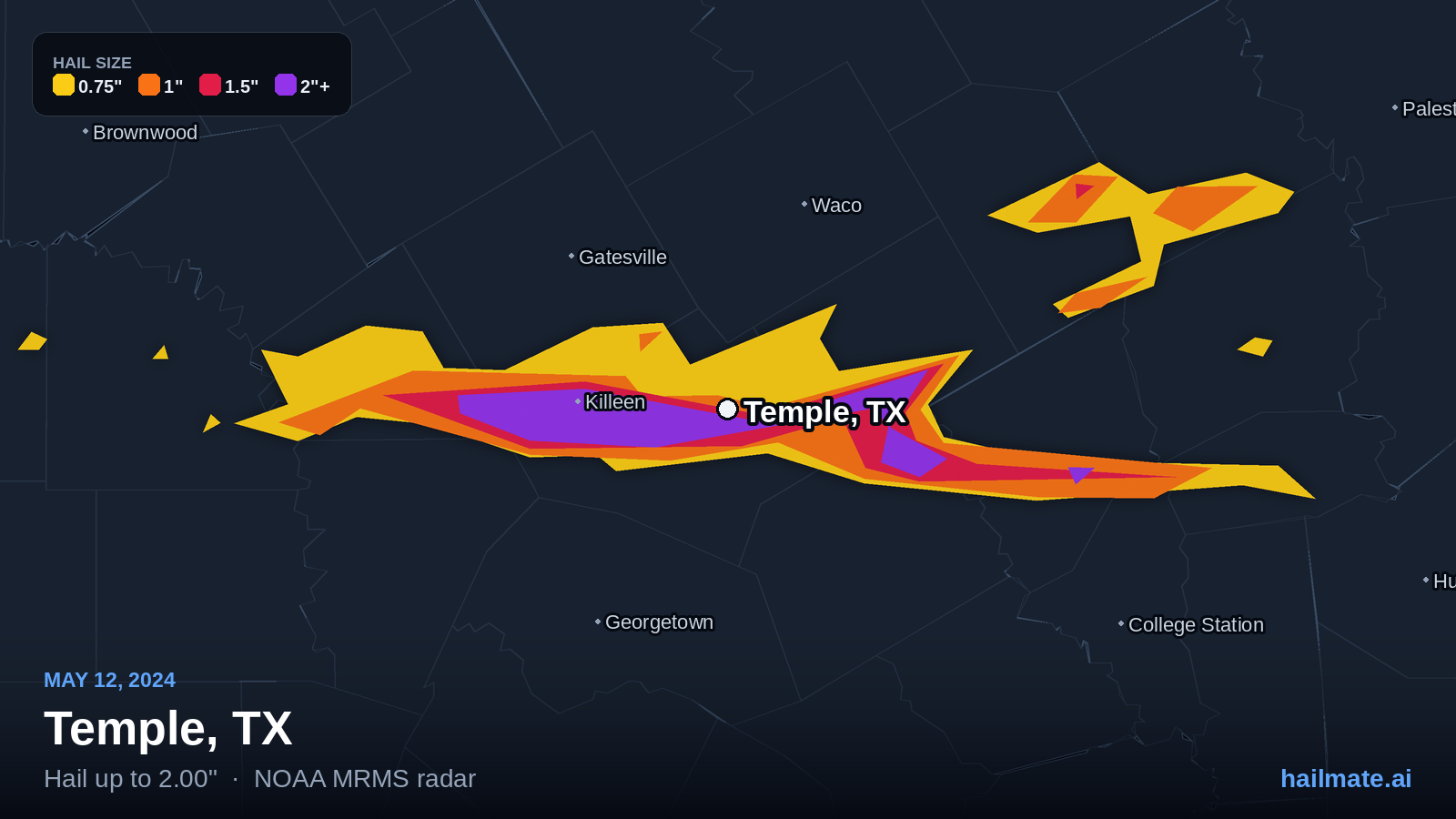 Hail swath map for Temple, TX on May 12, 2024 showing 2.00 inch hail.