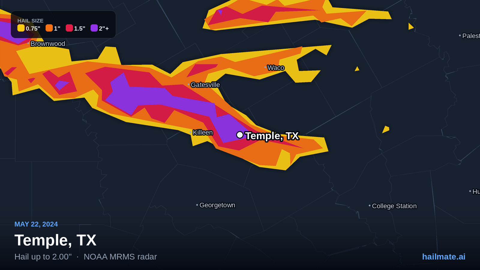 Hail swath map for Temple, TX on May 22, 2024 showing 2.00 inch hail.