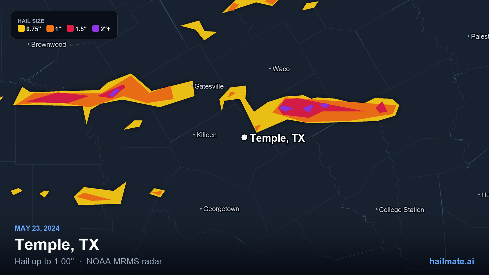 Hail swath map for Temple, TX on May 23, 2024 showing 1.00 inch hail.