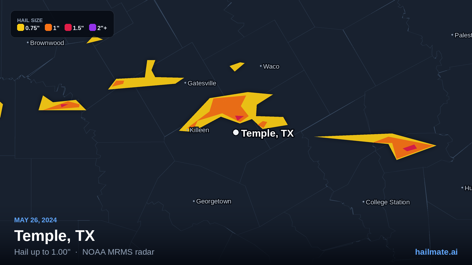 Hail swath map for Temple, TX on May 26, 2024 showing 1.00 inch hail.