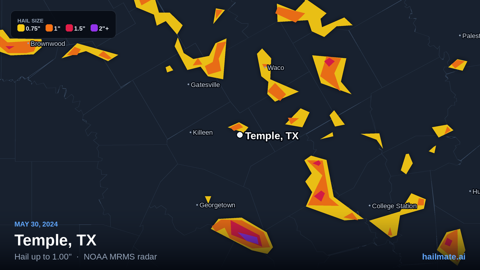 Hail swath map for Temple, TX on May 30, 2024 showing 1.00 inch hail.