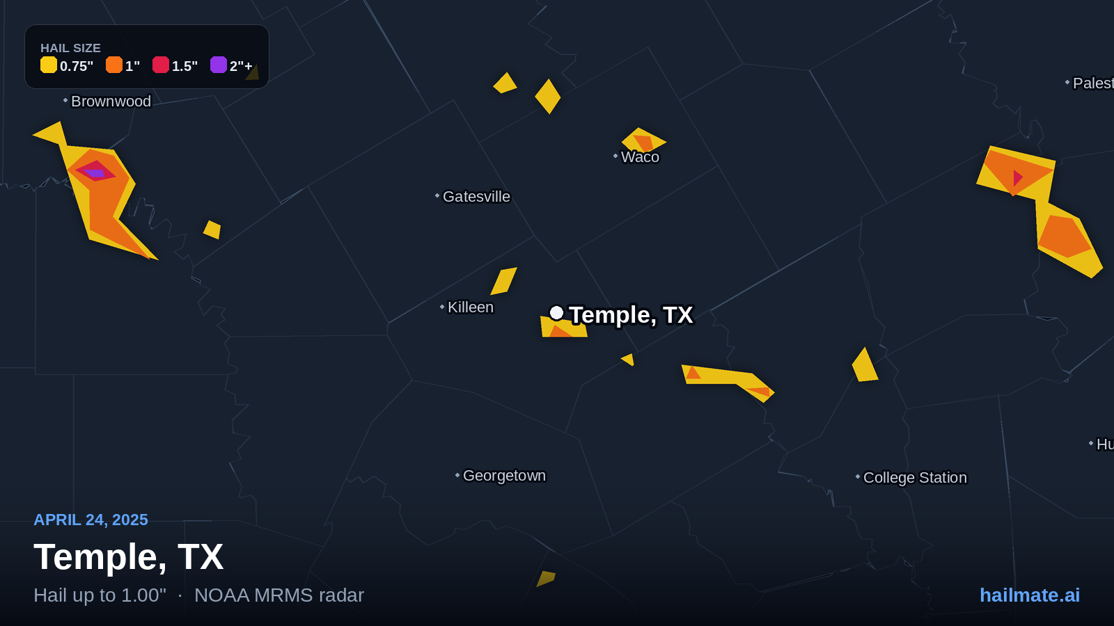 Hail swath map for Temple, TX on April 24, 2025 showing 1.00 inch hail.