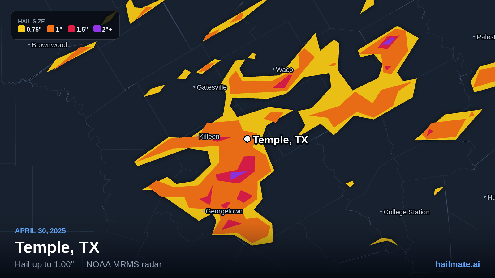 Hail swath map for Temple, TX on April 30, 2025 showing 1.00 inch hail.