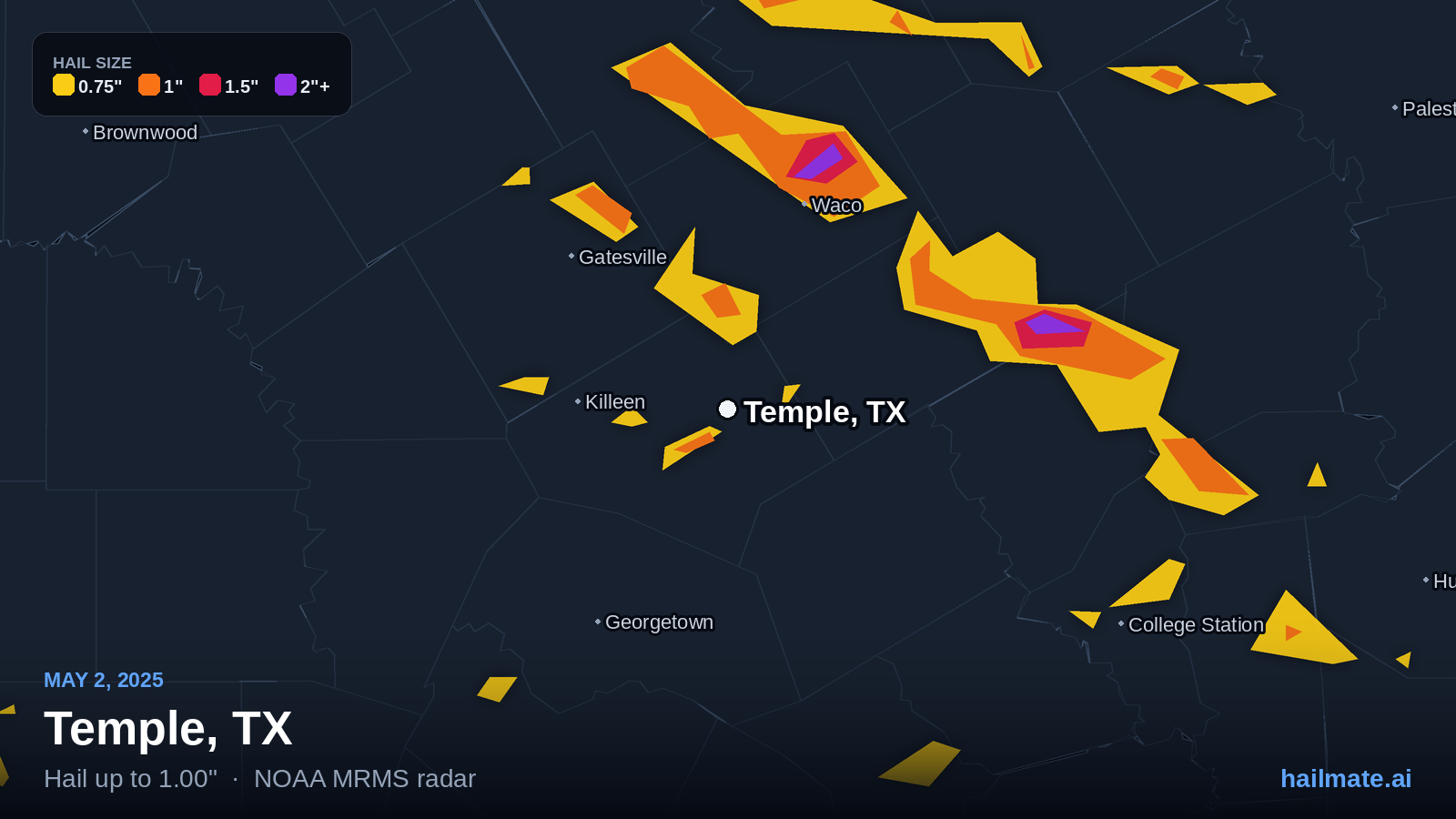Hail swath map for Temple, TX on May 2, 2025 showing 1.00 inch hail.
