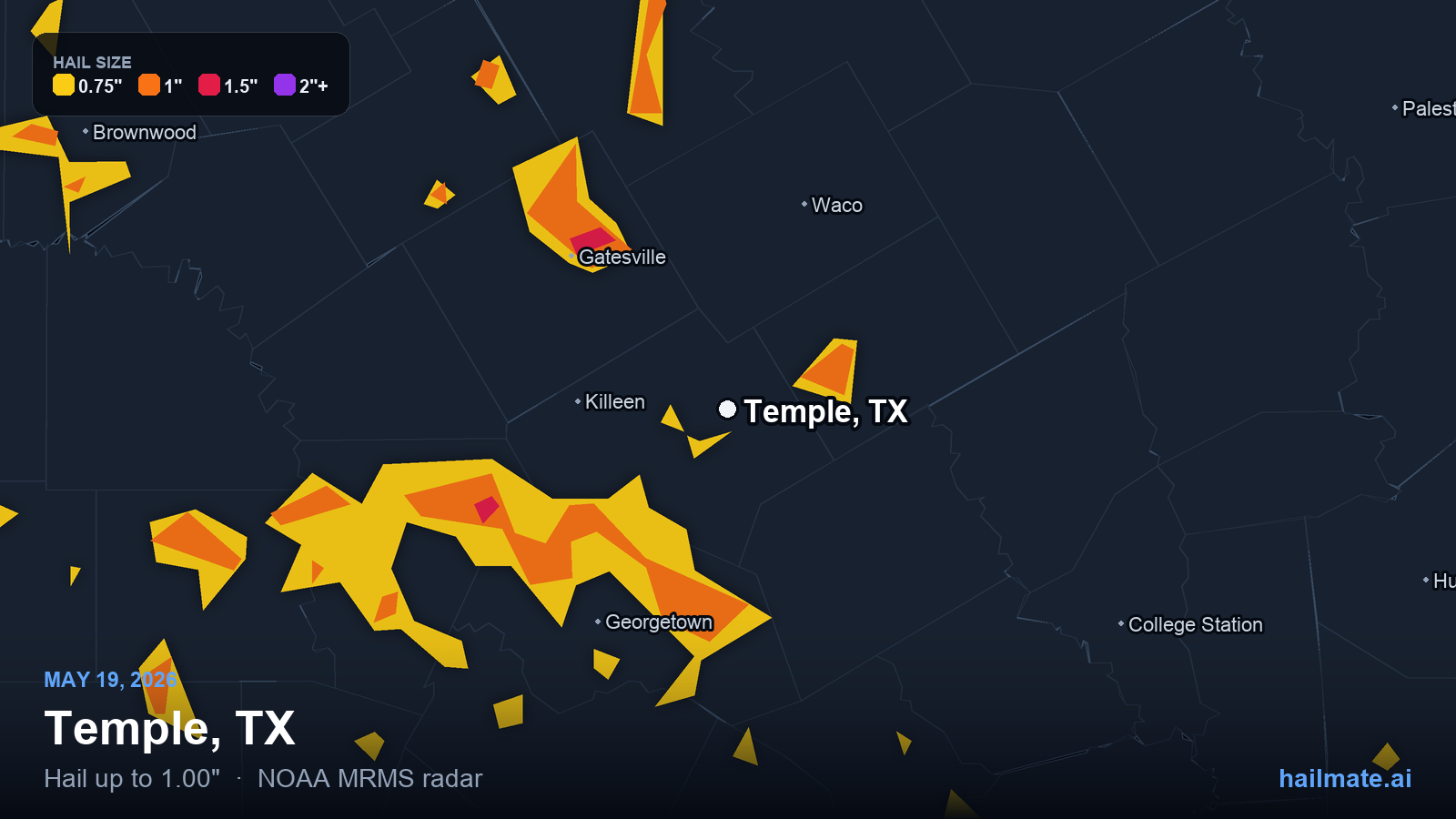 Hail swath map for Temple, TX on May 19, 2026 showing 1.00 inch hail.