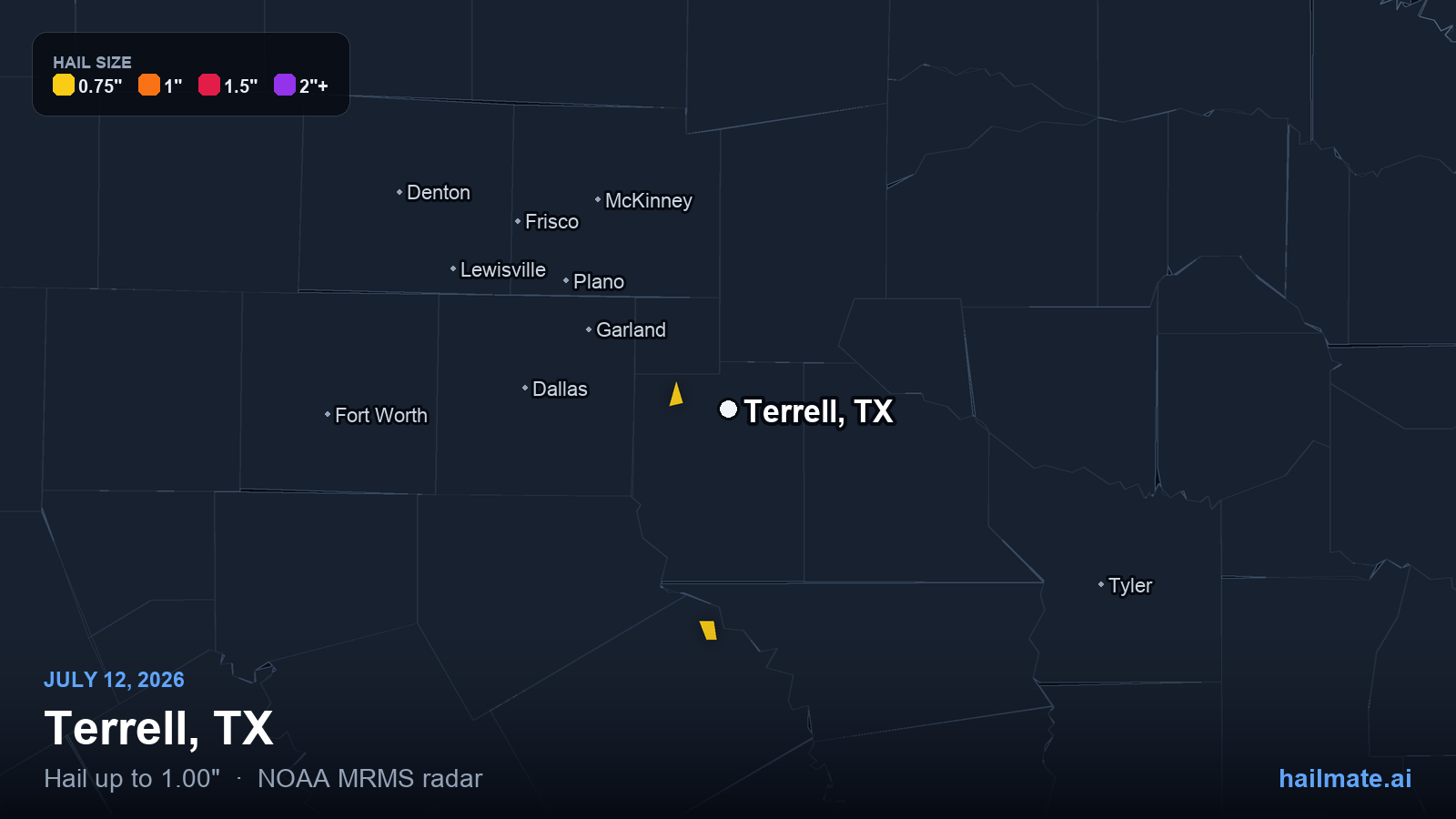 Hail swath map for Terrell, TX on July 12, 2026 showing 1.00 inch hail.