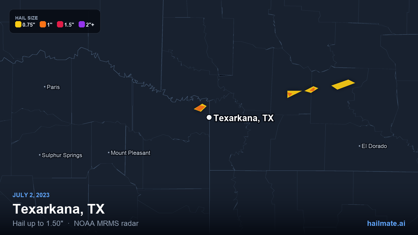Hail swath map for Texarkana, TX on July 2, 2023 showing 1.50 inch hail.