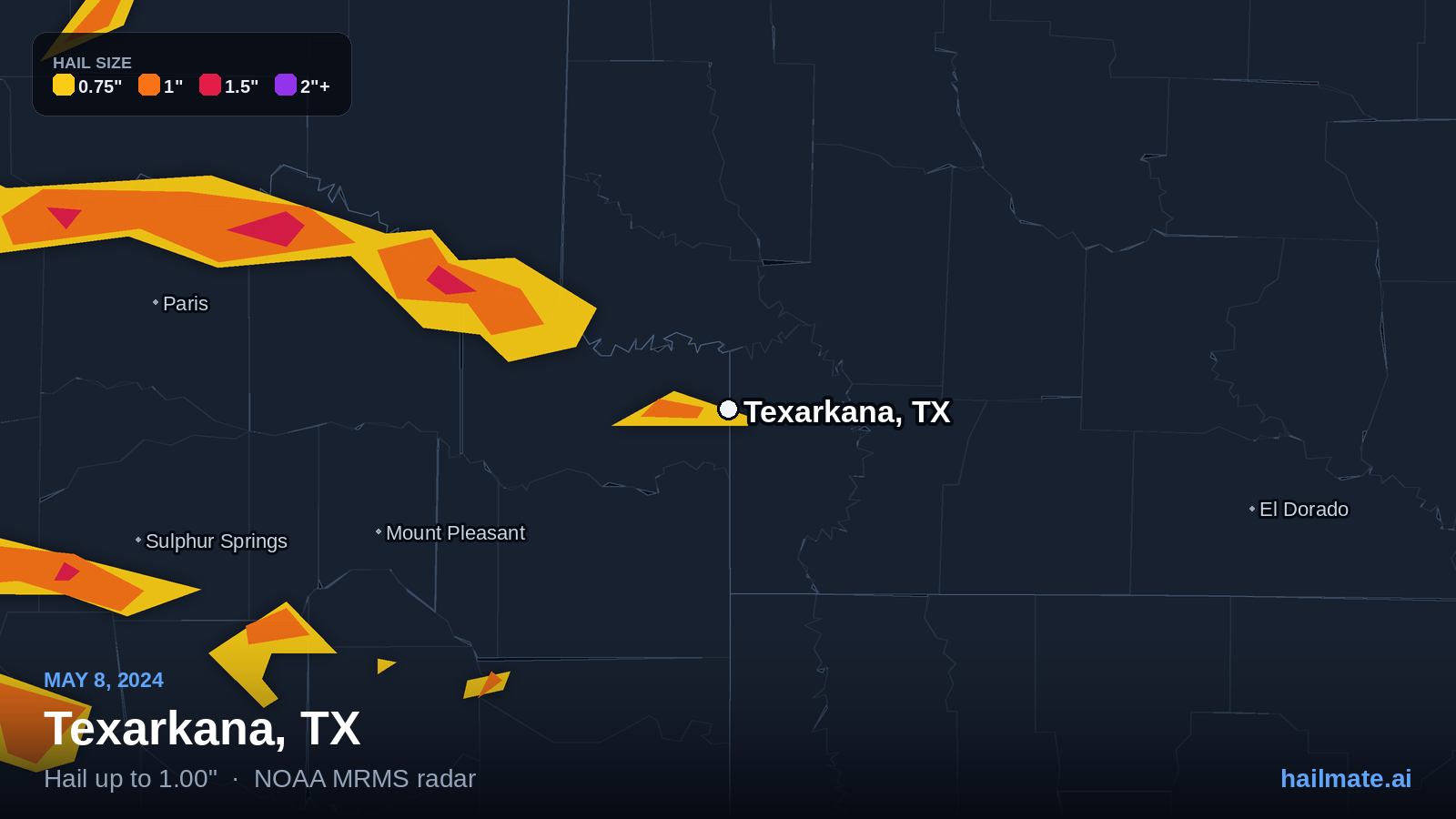 Hail swath map for Texarkana, TX on May 8, 2024 showing 1.00 inch hail.