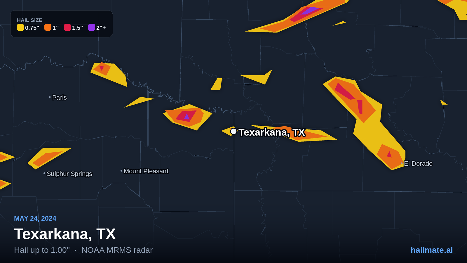 Hail swath map for Texarkana, TX on May 24, 2024 showing 1.00 inch hail.