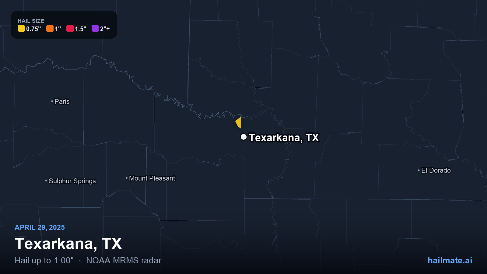 Hail swath map for Texarkana, TX on April 29, 2025 showing 1.00 inch hail.