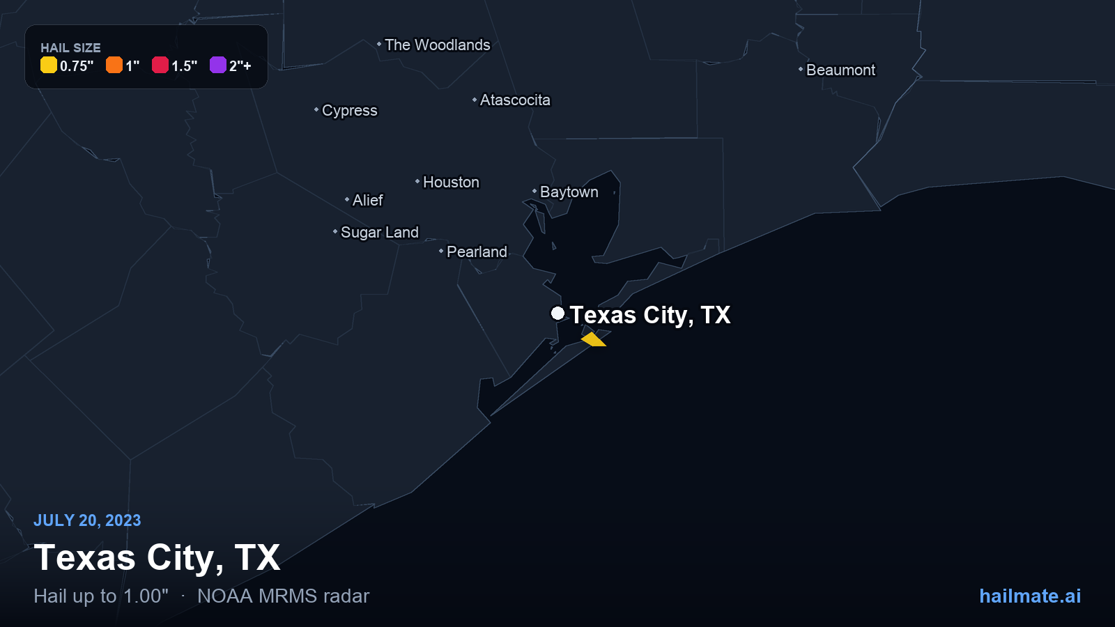 Hail swath map for Texas City, TX on July 20, 2023 showing 1.00 inch hail.