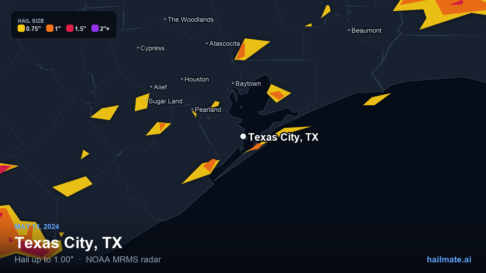 Hail swath map for Texas City, TX on May 13, 2024 showing 1.00 inch hail.
