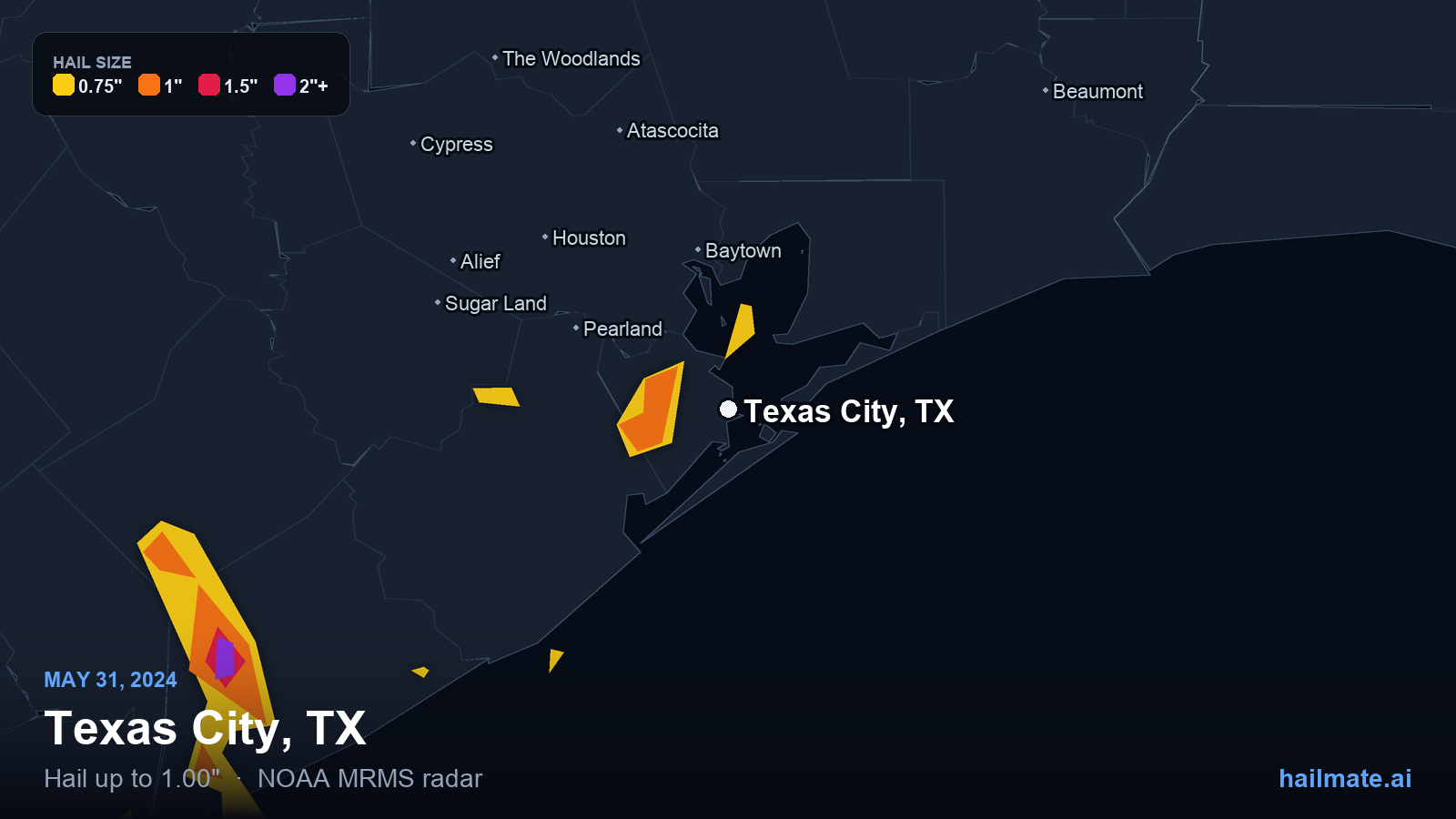 Hail swath map for Texas City, TX on May 31, 2024 showing 1.00 inch hail.