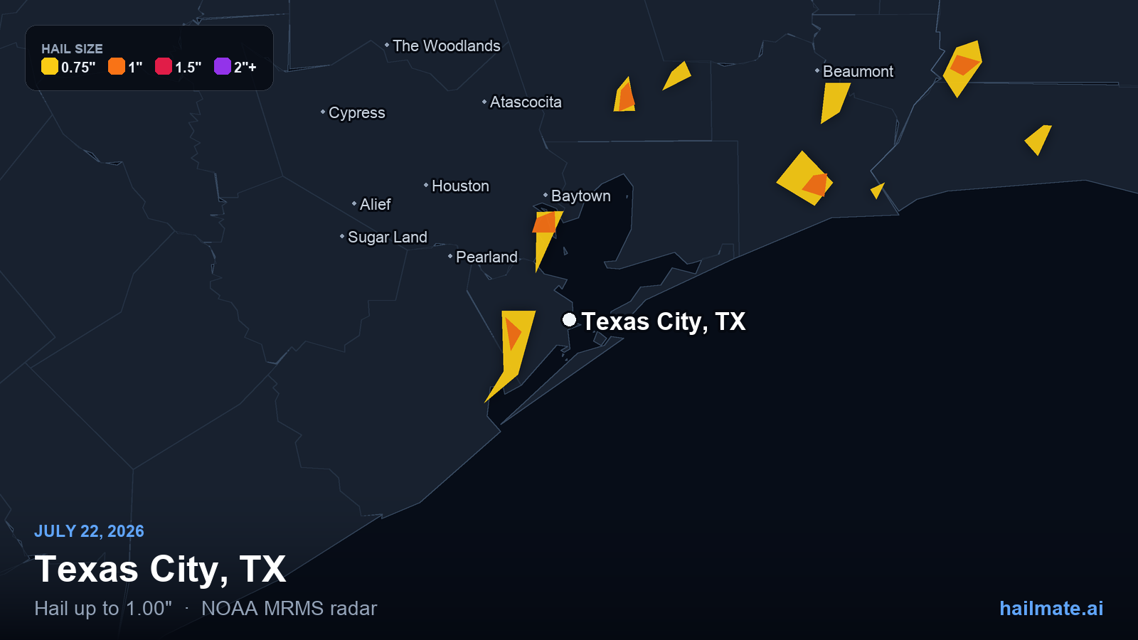 Hail swath map for Texas City, TX on July 22, 2026 showing 1.00 inch hail.